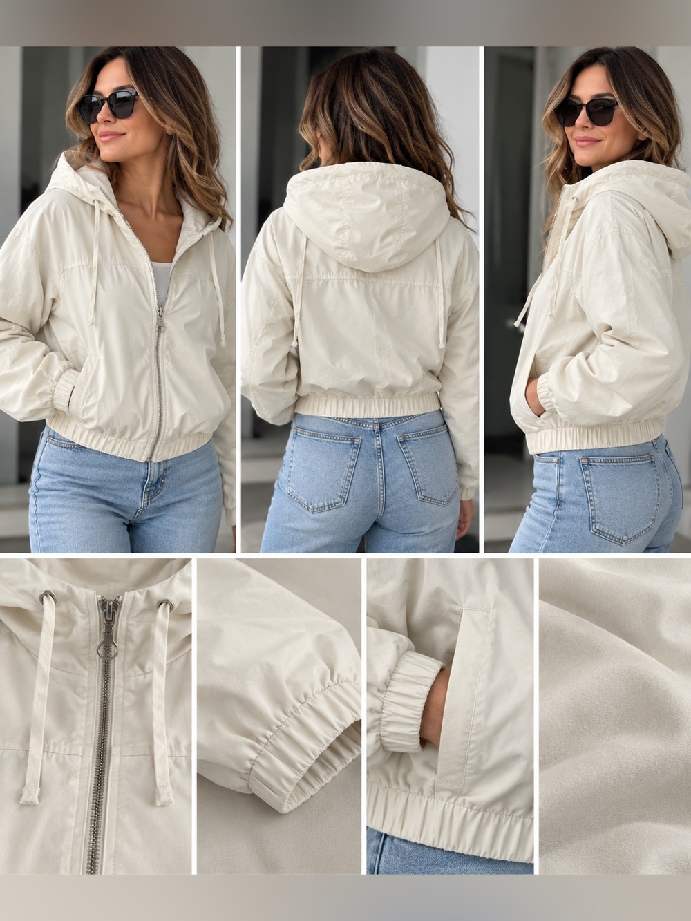 Zara Cream Cropped Hooded Windbreaker Jacket